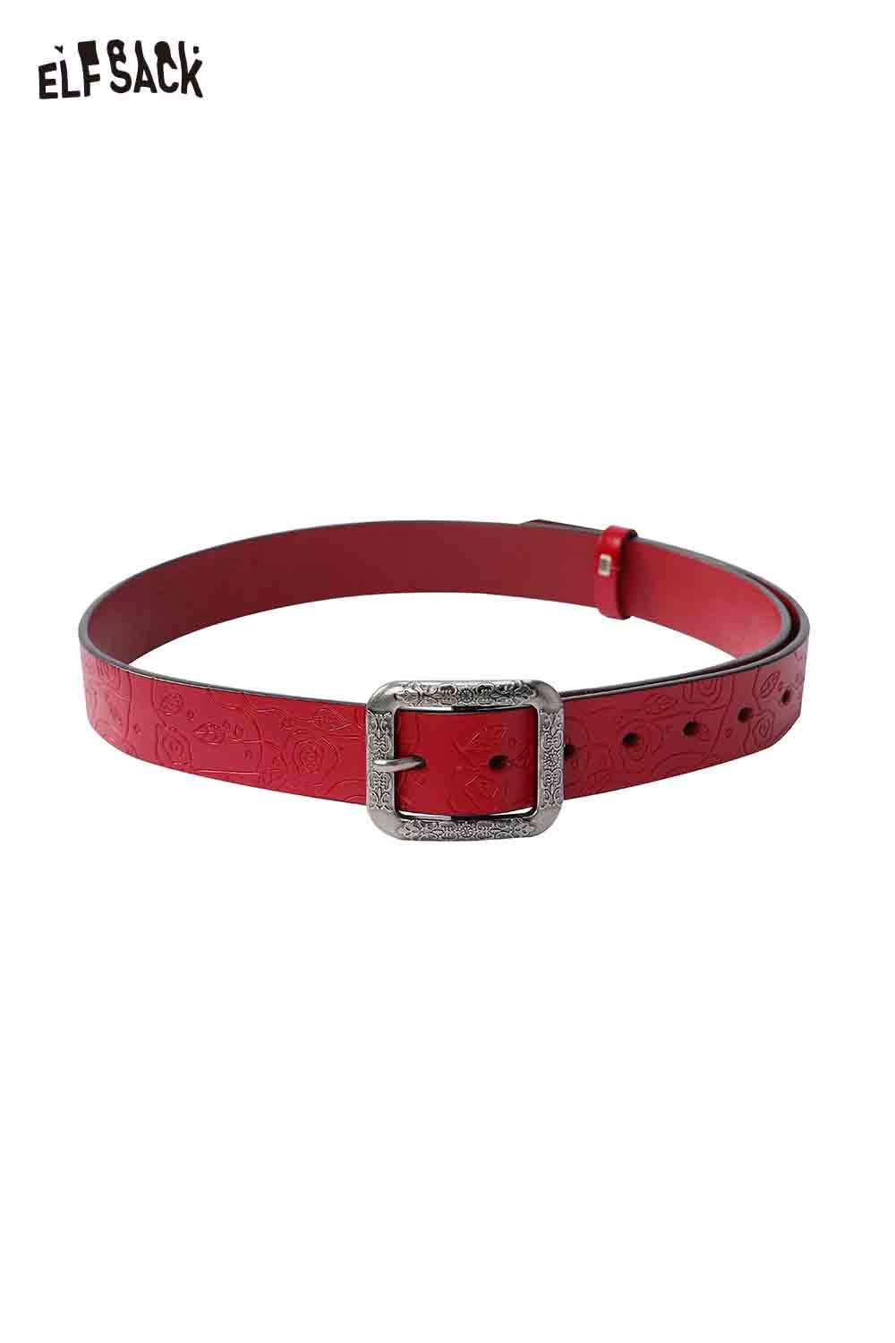 ELFSACK reversible rose pattern belt in red with a silver buckle for versatile styling