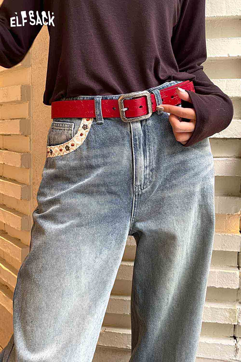 ELFSACK reversible rose pattern belt in red with stitched flower detail for stylish outfits