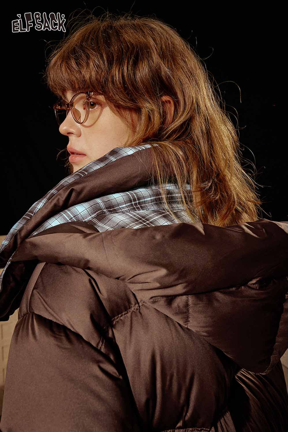 Reversible Y2K down jacket women in stylish brown with plaid lining for versatile winter looks