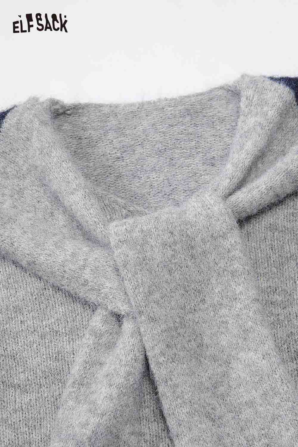 ELFSACK sailor collar bow sweater in soft gray fabric with a stylish knot detail