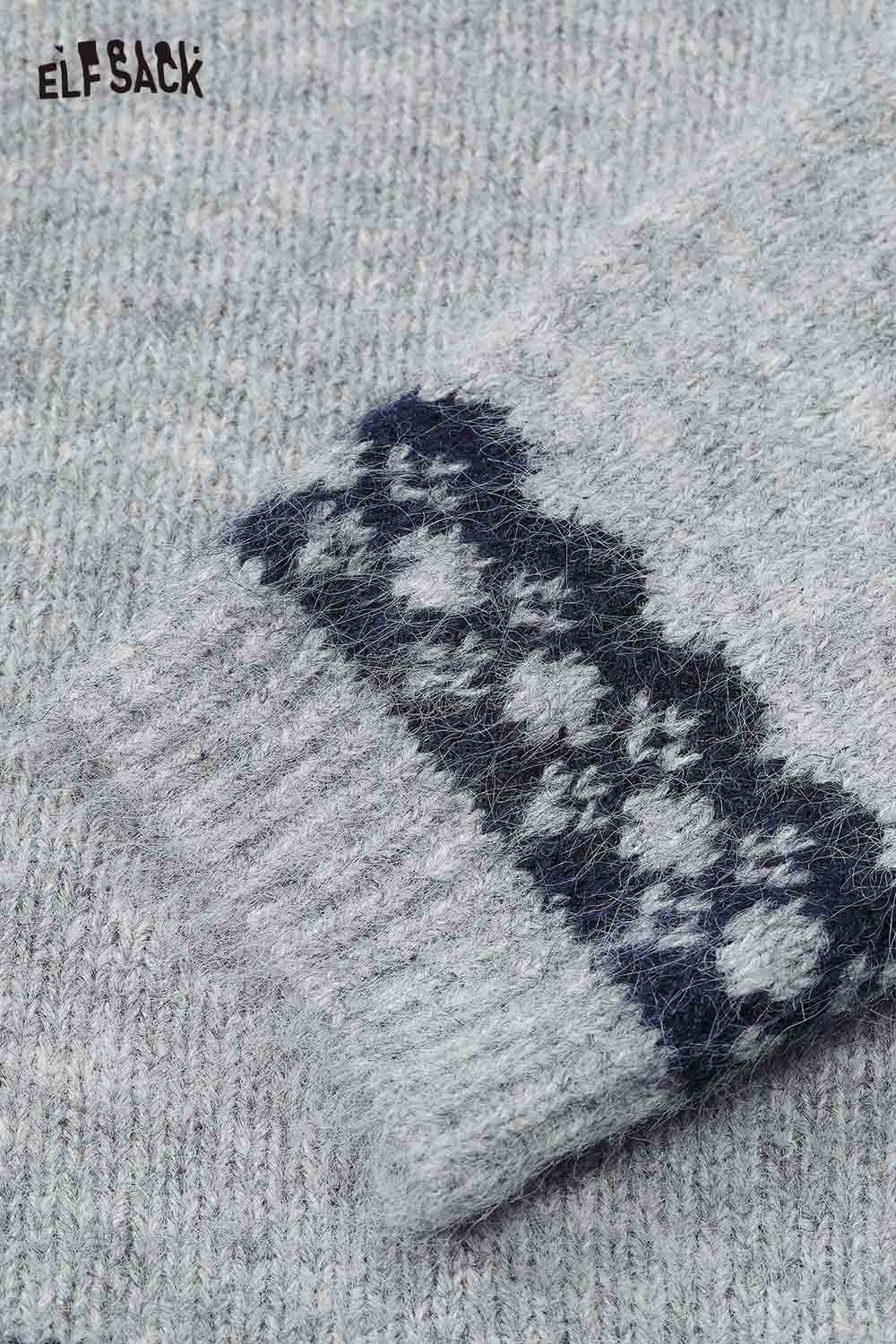 ELFSACK sailor collar bow sweater with floral patterned cuffs in soft grey fabric