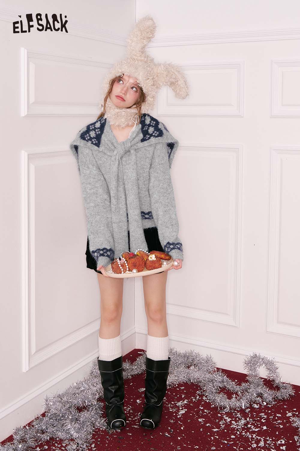 ELFSACK sailor collar bow sweater in gray with a cozy design, paired with a cute bunny hat