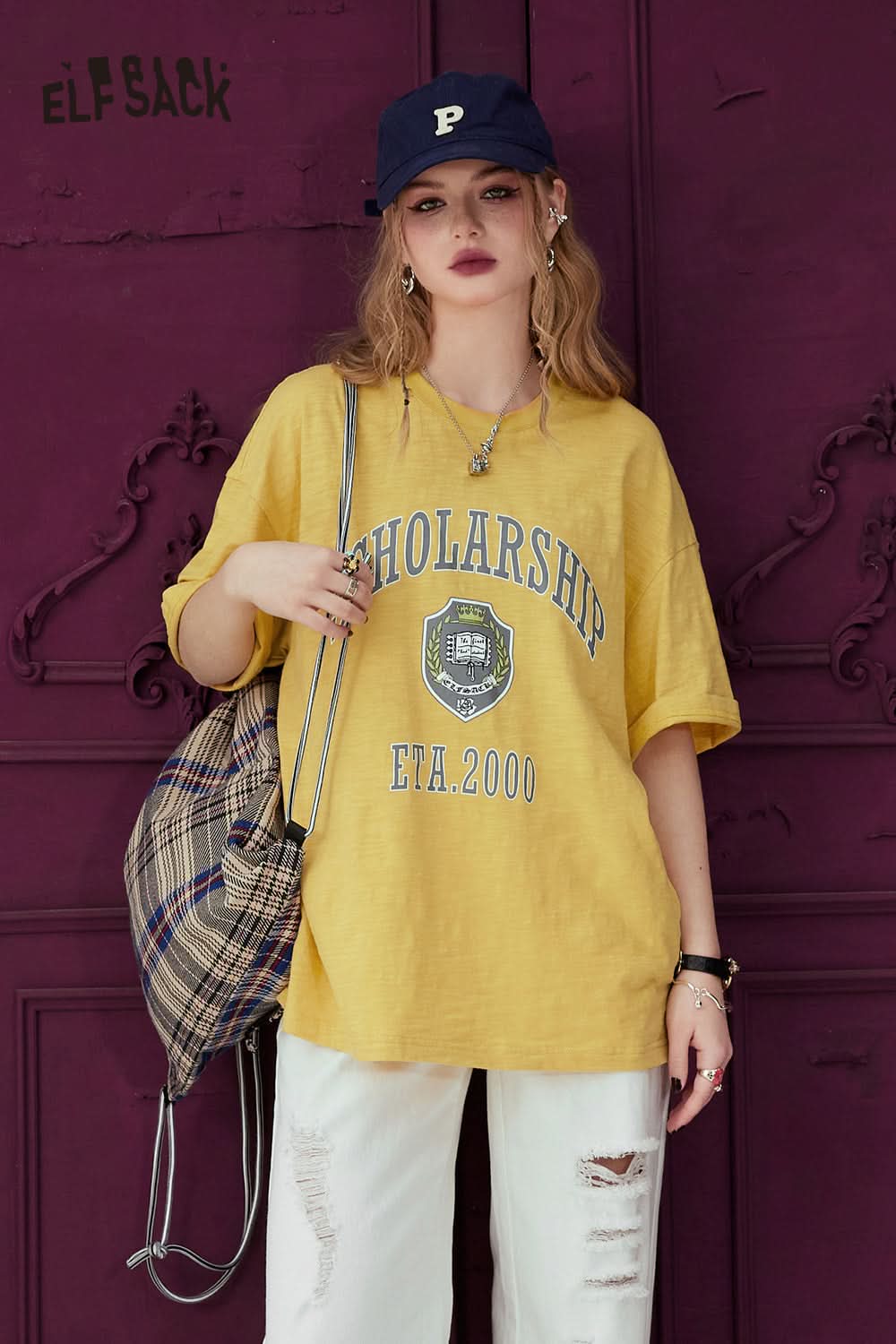 ELFSACK yellow oversized T-shirt with scholarship graphic print and casual style