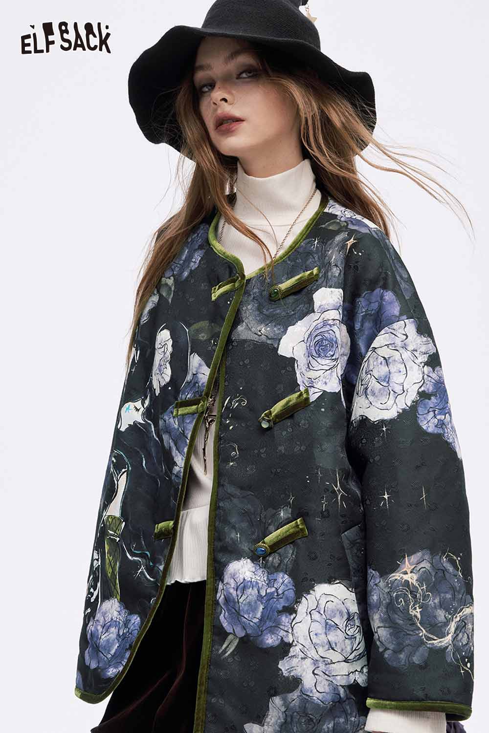 ELFSACK Retro Floral Graphic Coat in Dark Colors with Elegant Flower Patterns and Stylish Design