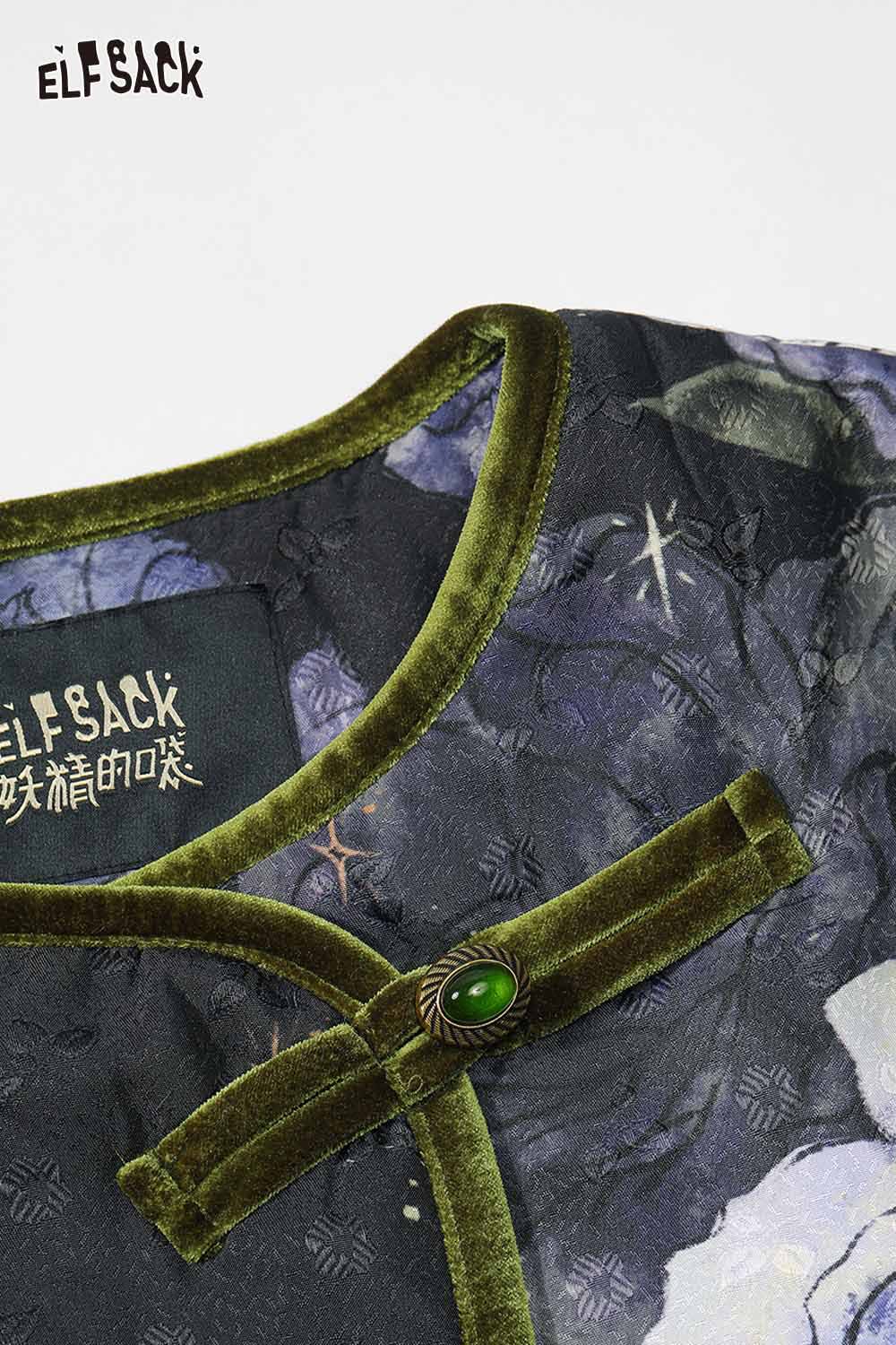 Close-up of ELFSACK retro floral graphic coat featuring a velvet collar and decorative button detail