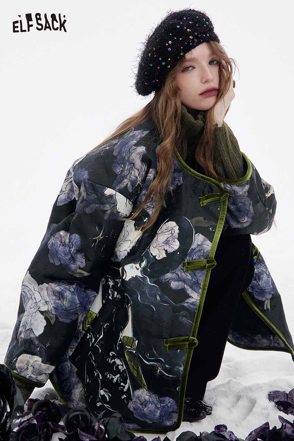ELFSACK retro floral graphic coat featuring a unique floral design and cozy fit for stylish winter wear