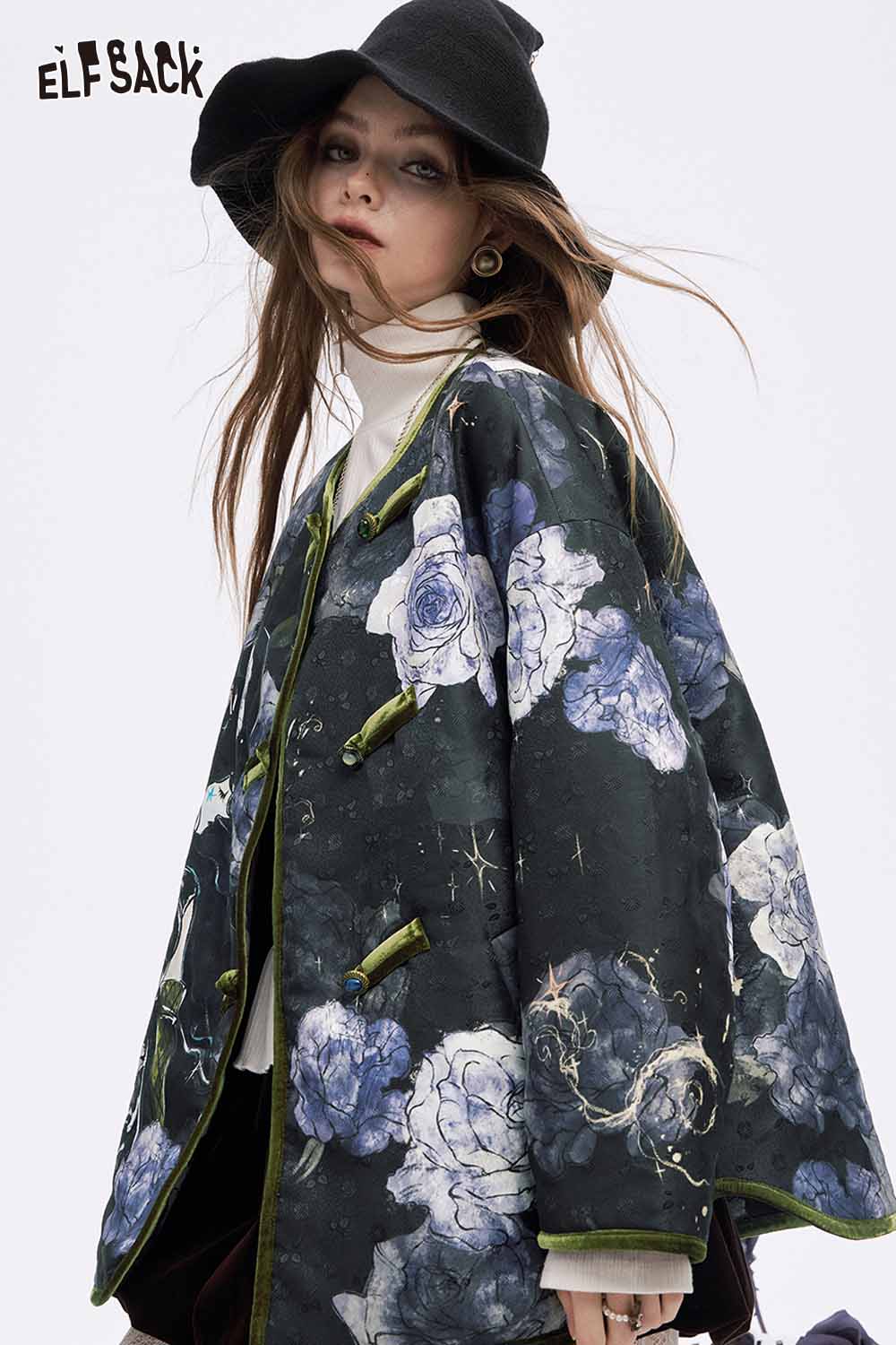 ELFSACK retro floral graphic coat in black featuring vibrant flower designs and unique styling