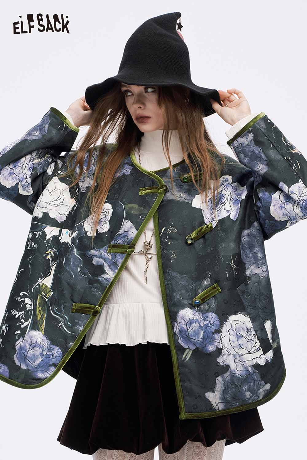 ELFSACK retro floral graphic coat with intricate floral patterns and a stylish design for trendy outfits
