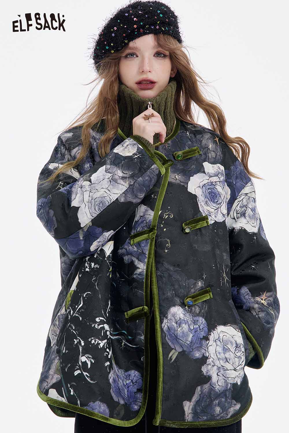 ELFSACK retro floral graphic coat featuring bold floral designs and a stylish oversized fit