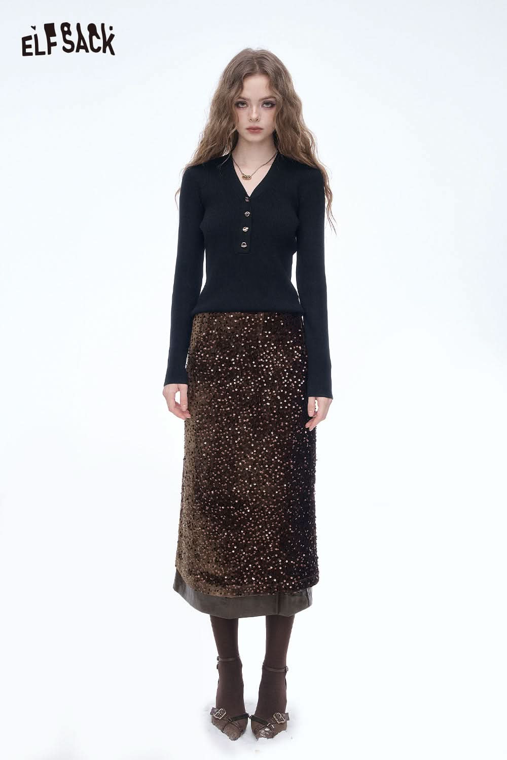 ELFSACK sequin faux leather long skirt in brown with a stylish fitted top for a chic look