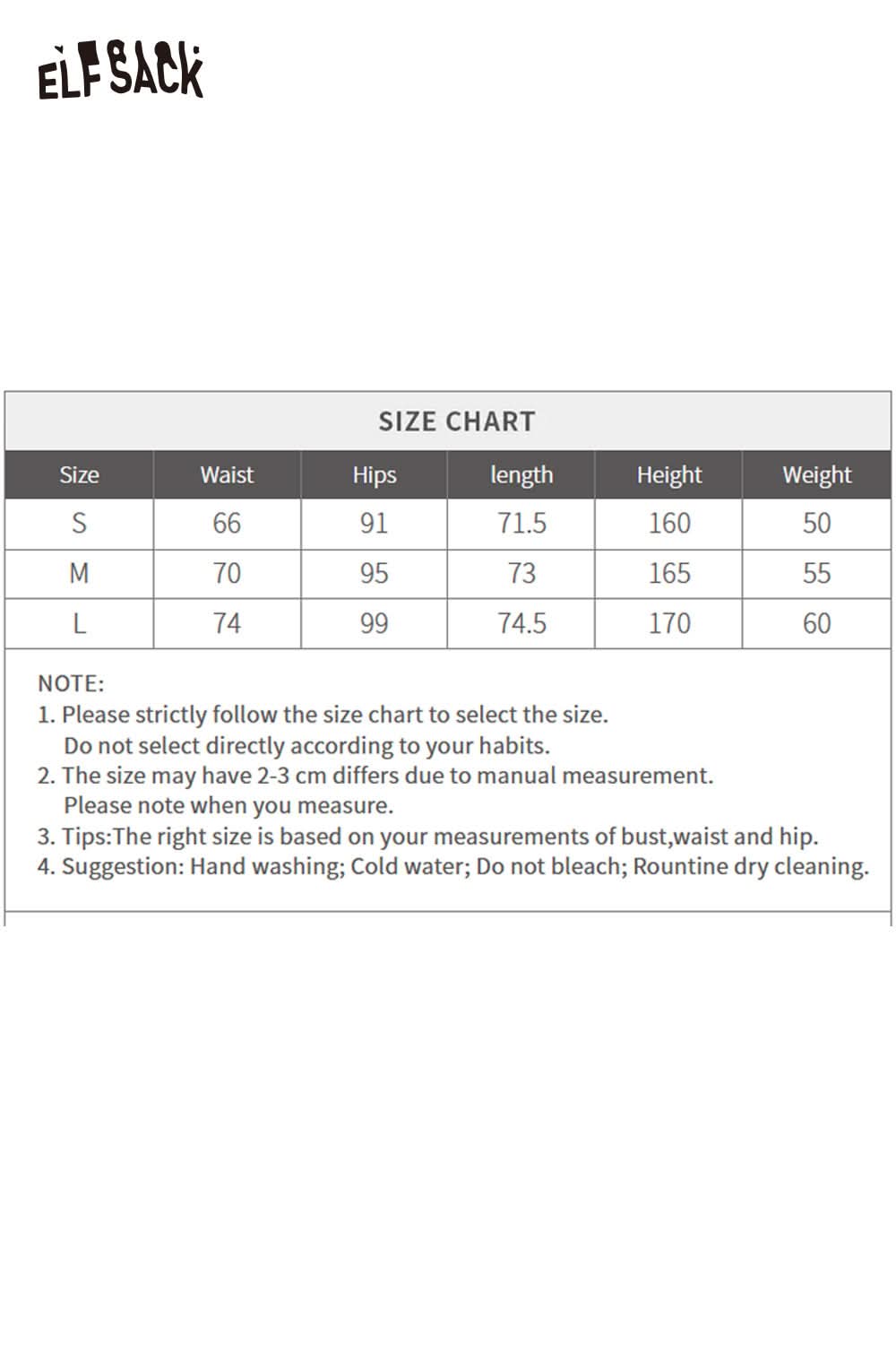 ELFSACK sequin faux leather long skirt size chart with measurements for waist, hips, length, height, and weight