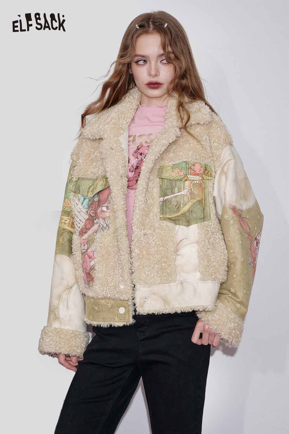 ELFSACK shearling patchwork coat for women featuring artistic designs and cozy textures