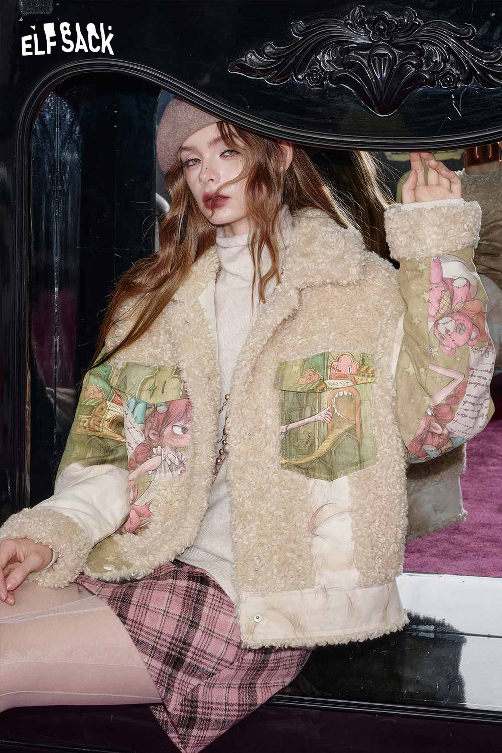 ELFSACK shearling patchwork coat for women featuring unique graphic details and soft texture