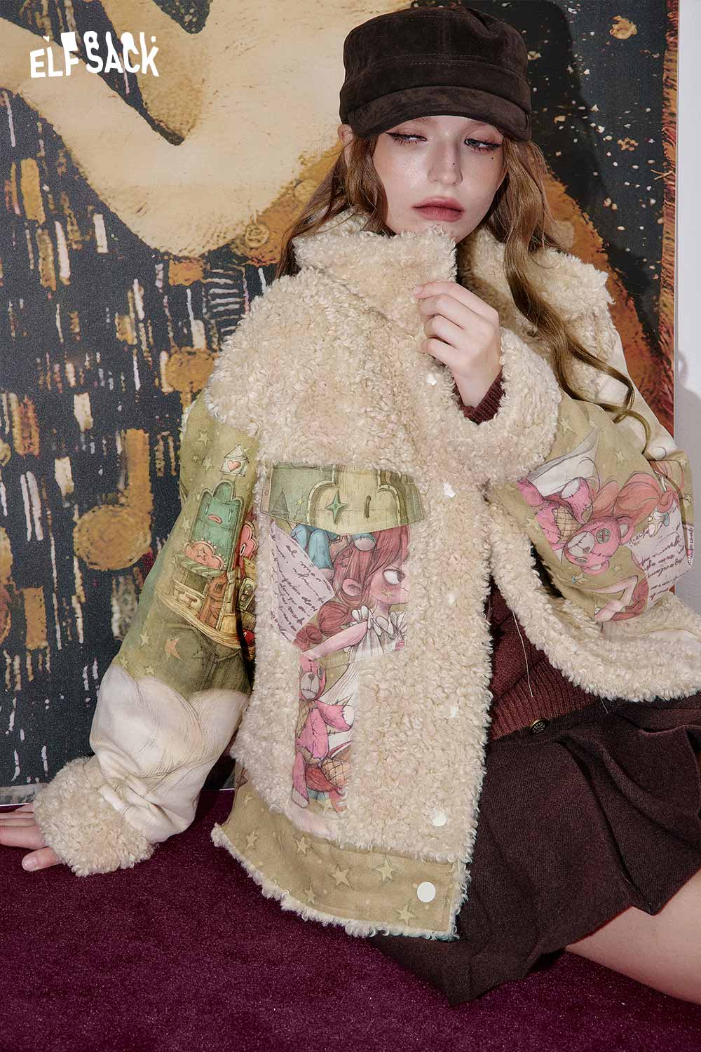 ELFSACK shearling patchwork coat for women featuring colorful designs and a cozy oversized fit