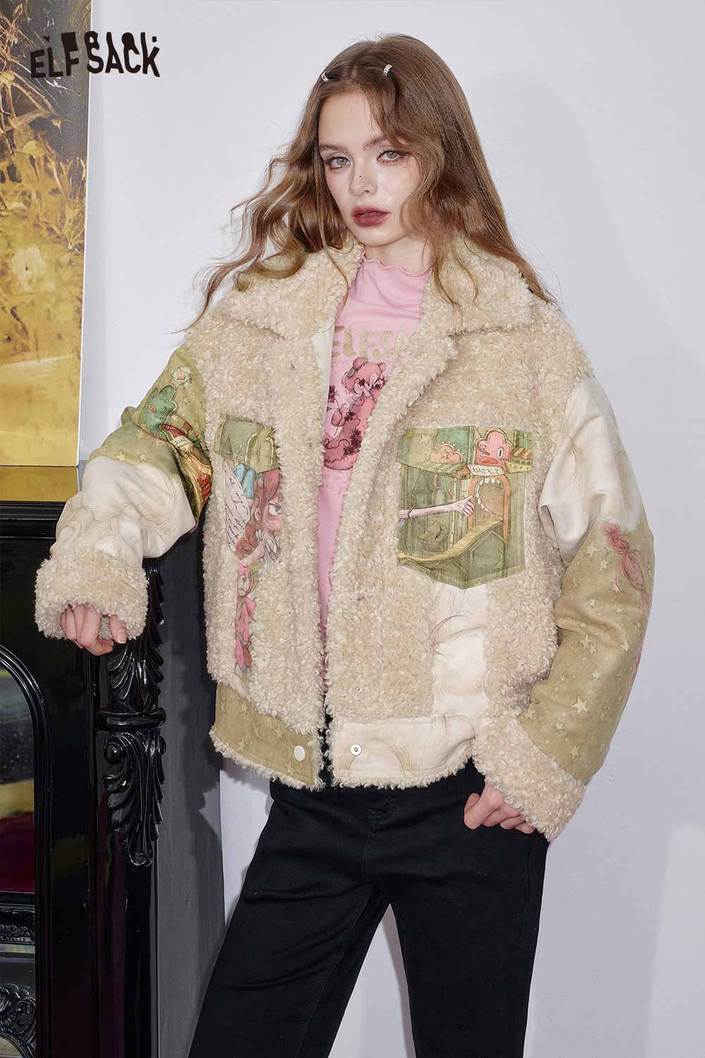 ELFSACK shearling patchwork coat for women featuring artistic pockets and cozy texture for stylish warmth