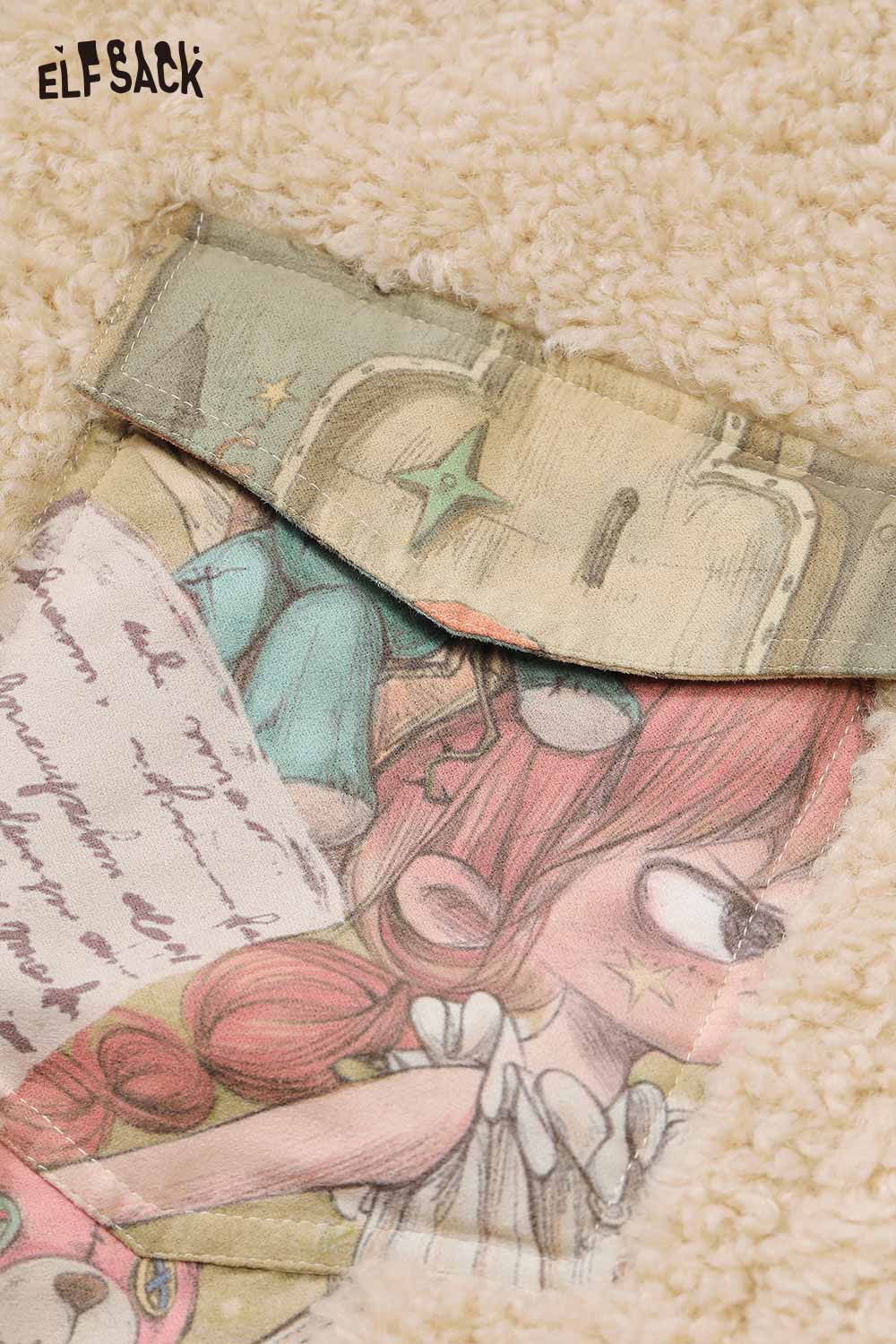 ELFSACK shearling patchwork coat for women featuring a unique illustrated pocket design