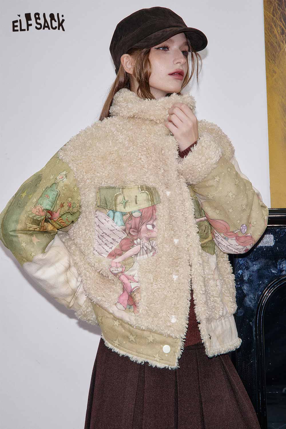 ELFSACK shearling patchwork coat for women featuring a cozy design and colorful artwork