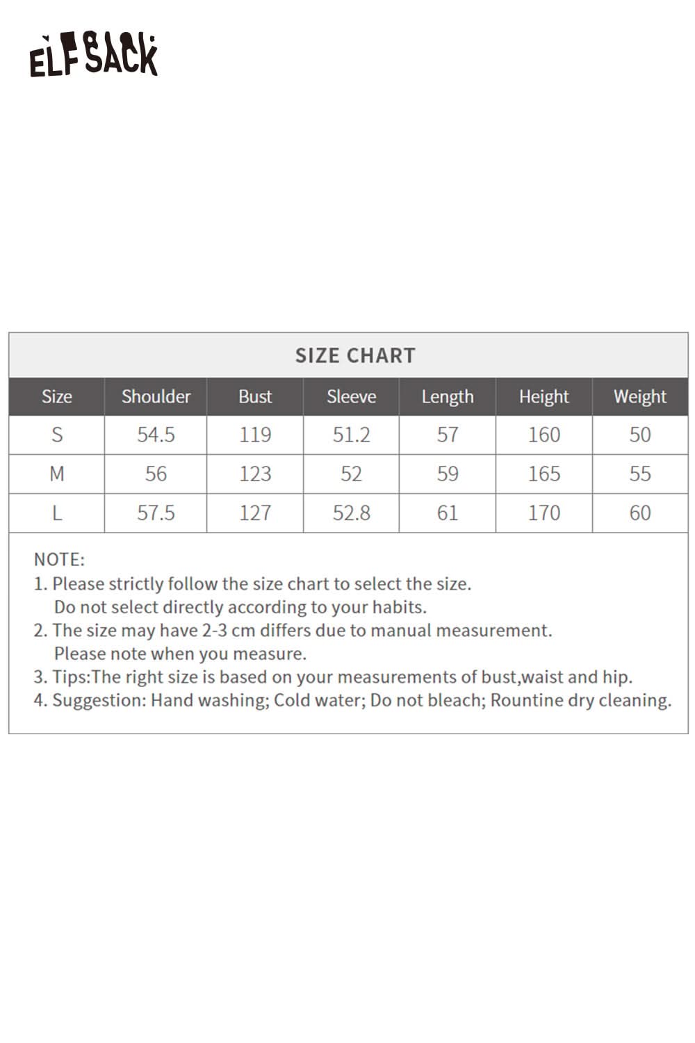 ELFSACK shearling patchwork coat for women with size chart and care instructions for perfect fit