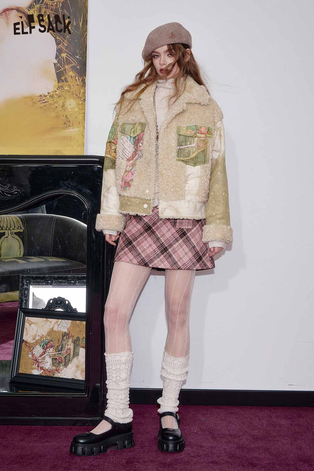 ELFSACK shearling patchwork coat for women with unique design, featuring a cozy fit and stylish details