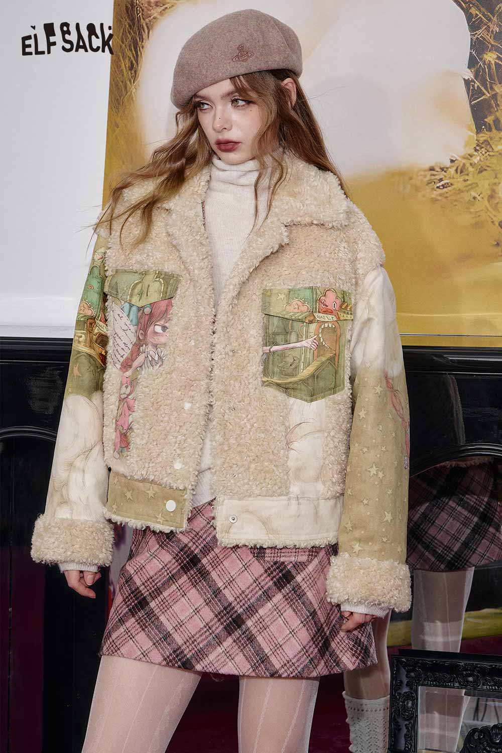 Stylish ELFSACK shearling patchwork coat for women with artistic designs and soft texture