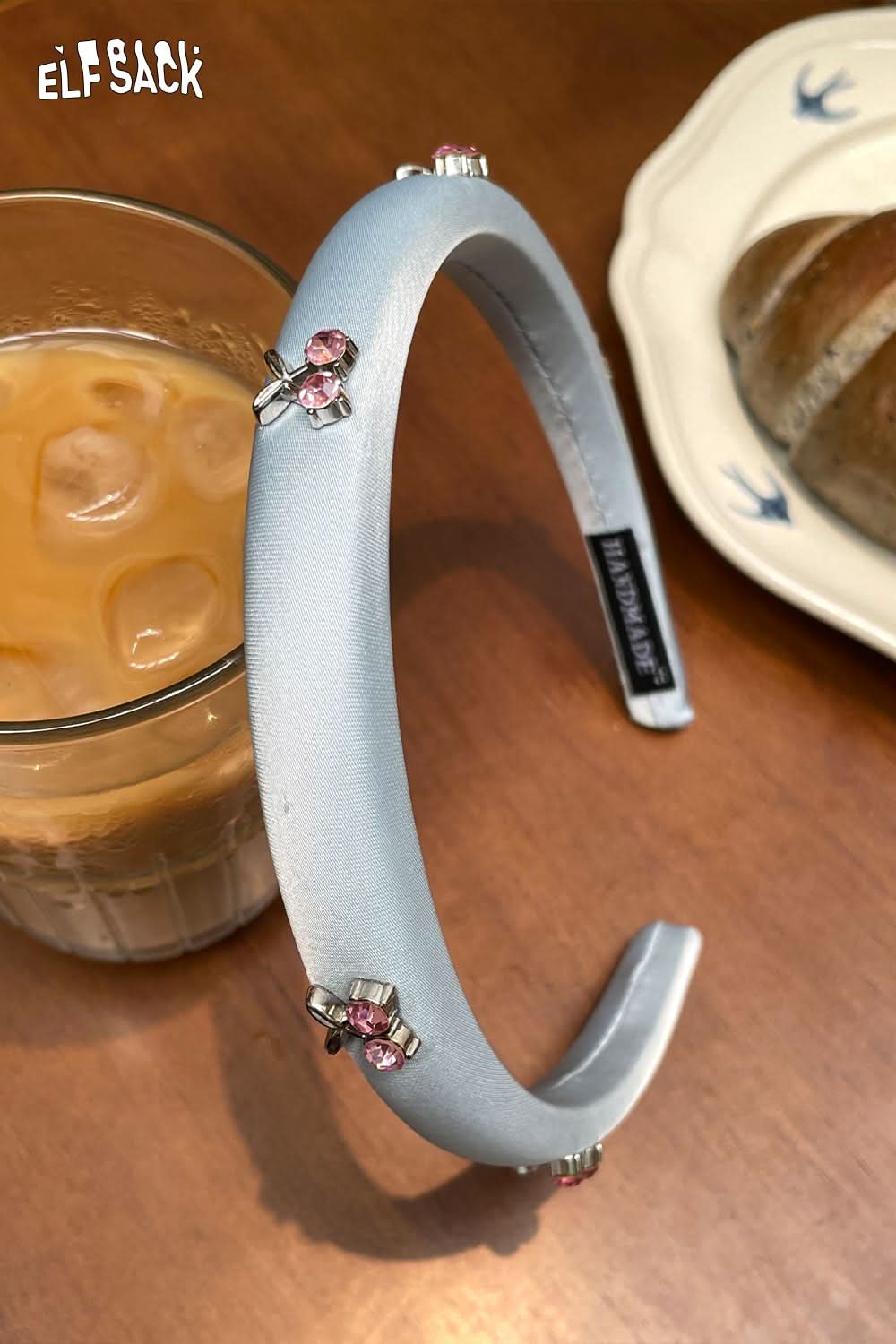 ELFSACK light blue padded headband with pink crystal cherry accents crystal embellished cherry hair band