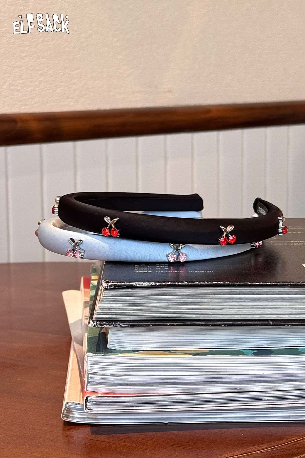 ELFSACK crystal embellished cherry hair band set of black and light blue padded headbands with crystal cherries
