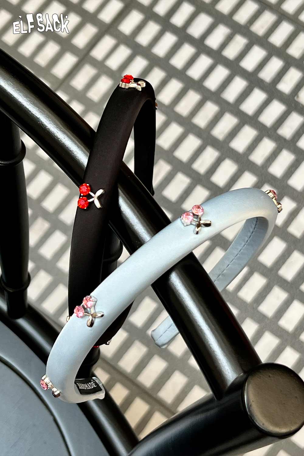 ELFSACK crystal embellished cherry hair band set of black and light blue padded headbands with red crystal cherries