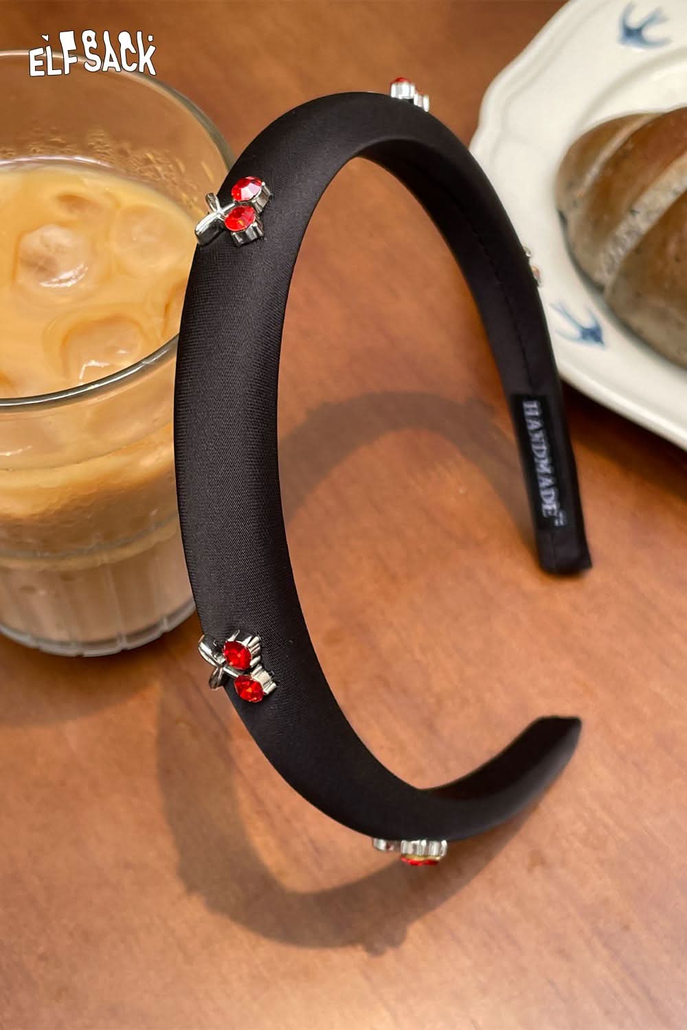 ELFSACK black satin padded headband with red crystal cherries crystal embellished cherry hair band for parties