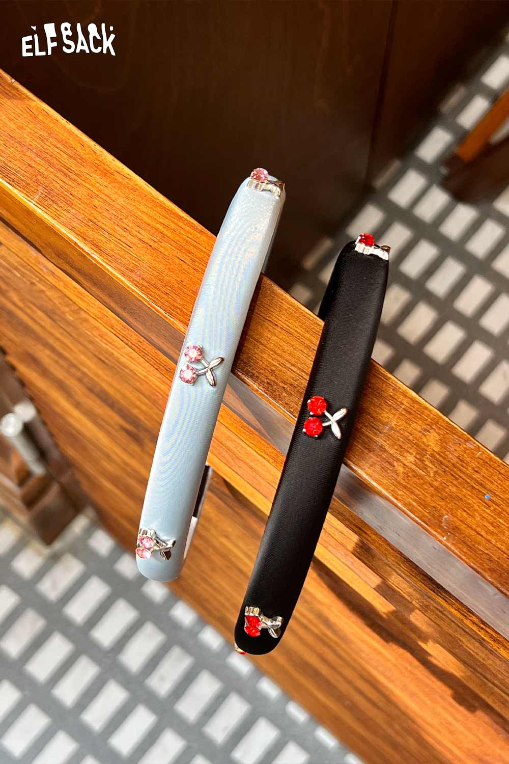 ELFSACK crystal embellished cherry hair band set with blue and black satin headbands adorned with red cherries