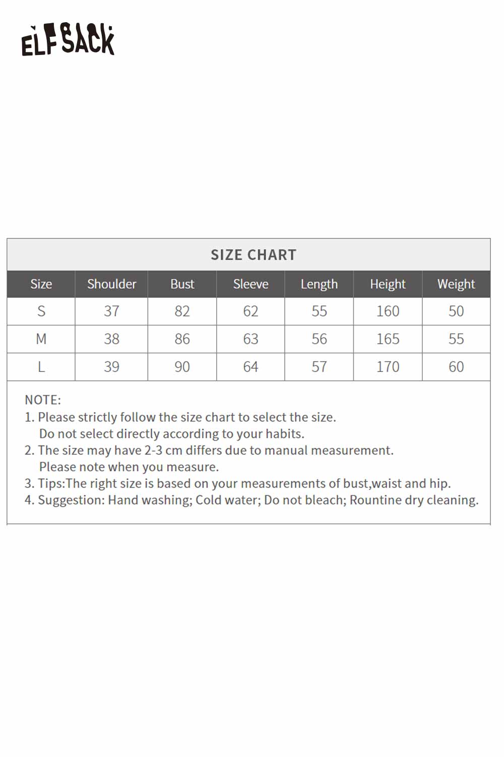 Size chart for ELFSACK women's half zip high neck t-shirt with measurements and washing instructions
