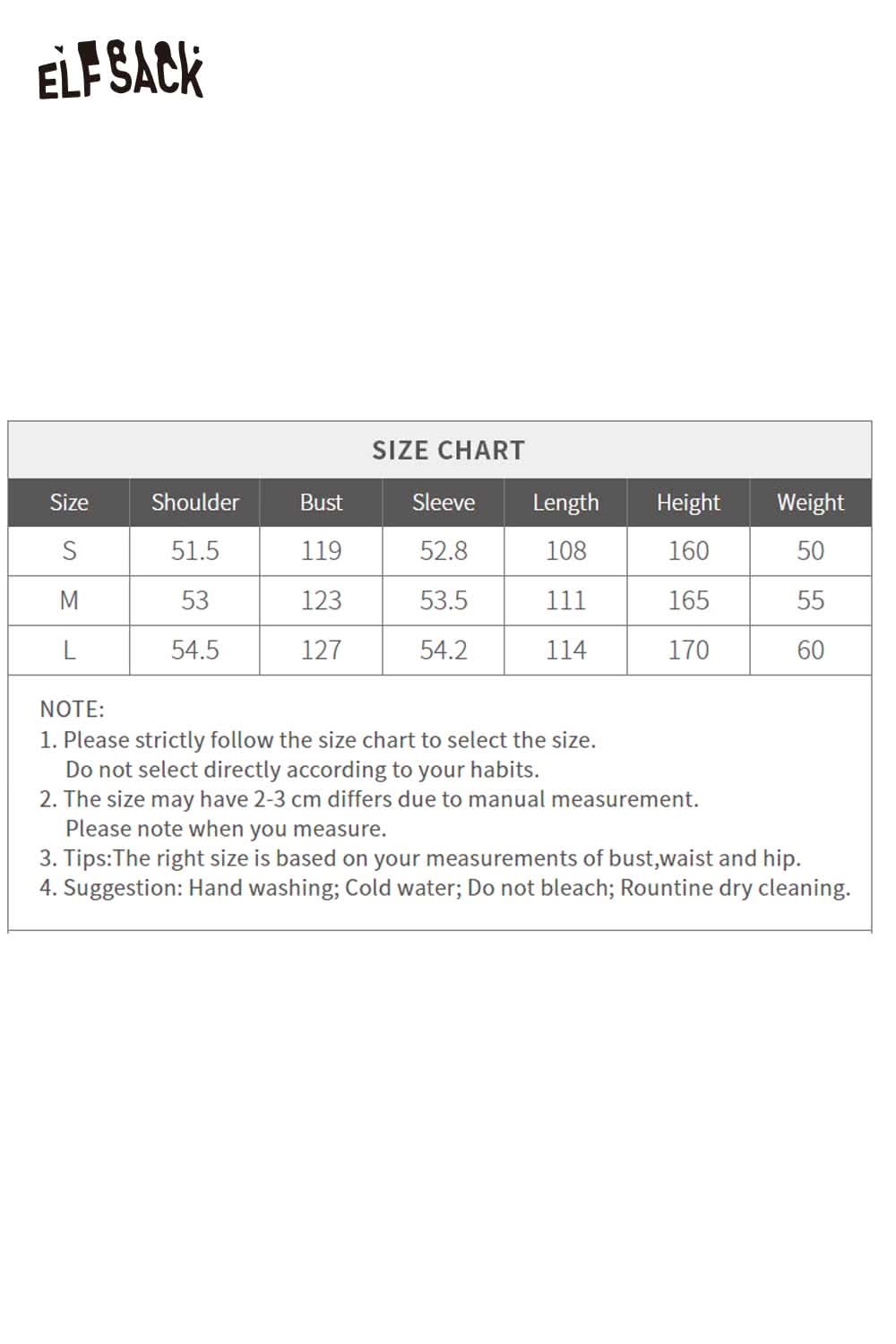 ELFSACK women's long down coat with hood displayed on a size chart for accurate fitting options