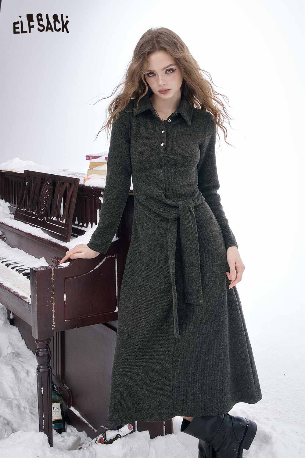 ELFSACK slim fit long lapel dress for women in dark color with button details and a stylish tie waist