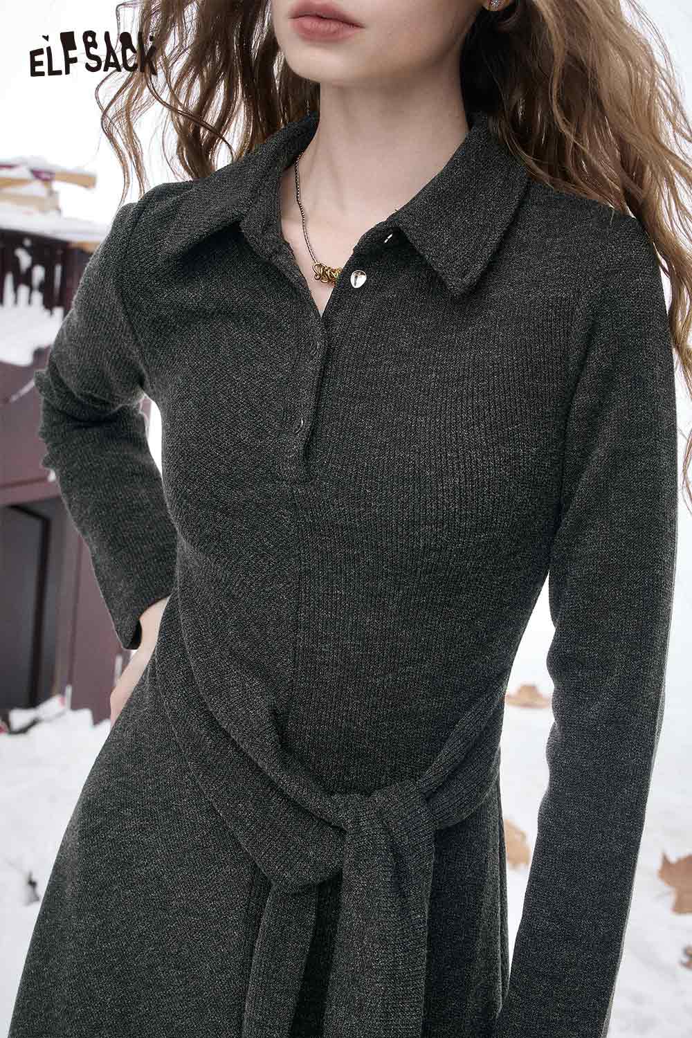 ELFSACK slim fit long lapel dress for women with a stylish tie belt and long sleeves