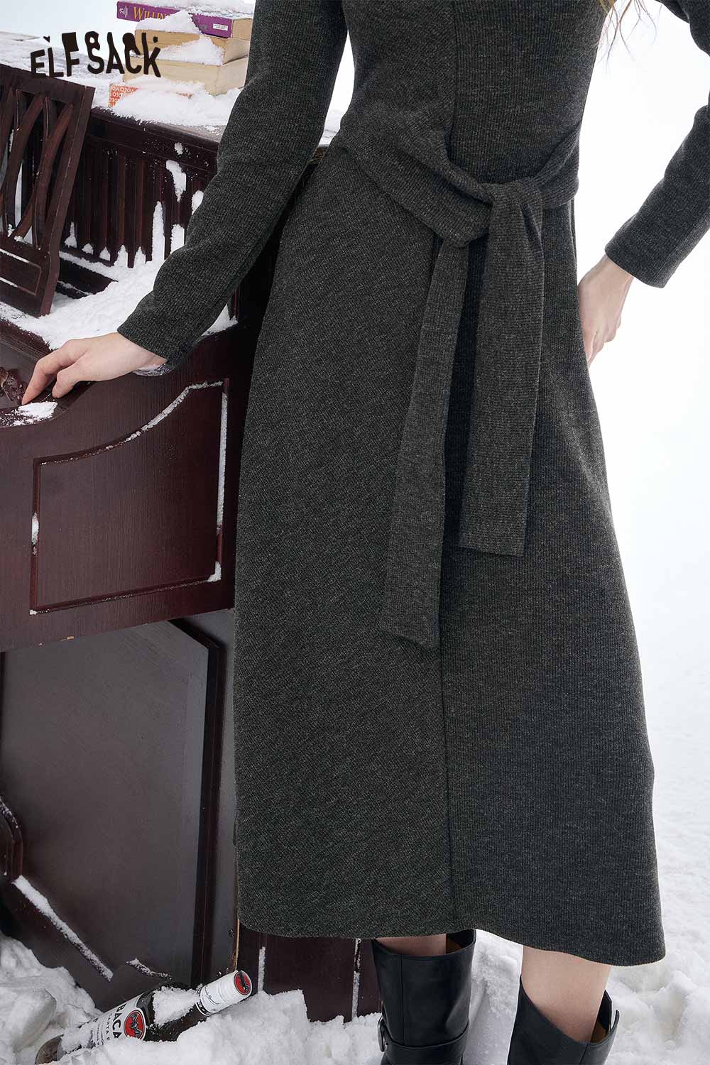 ELFSACK slim fit long lapel dress for women in dark gray featuring a stylish belt detail