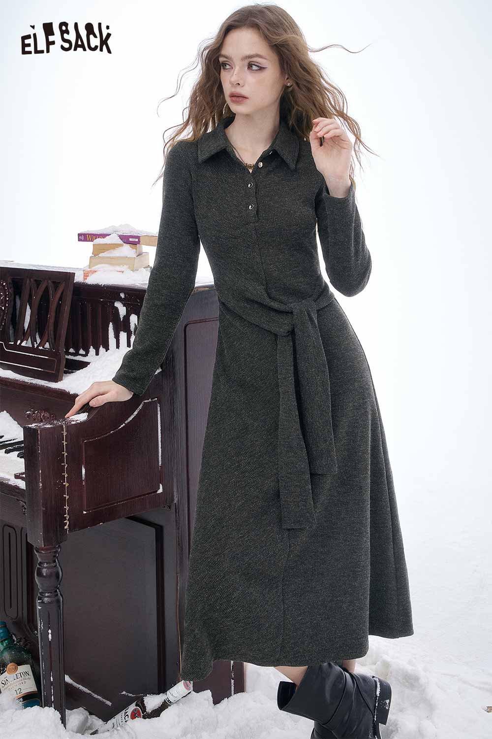 ELFSACK slim fit long lapel dress for women in dark green with a tie waist and button details