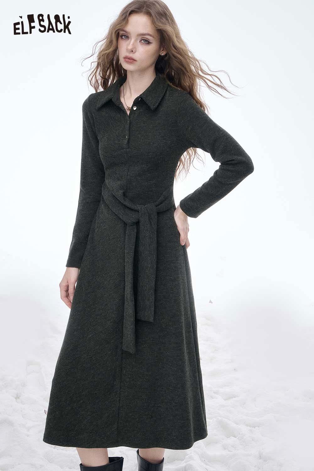 ELFSACK slim fit long lapel dress for women in dark green with a flattering tied waist