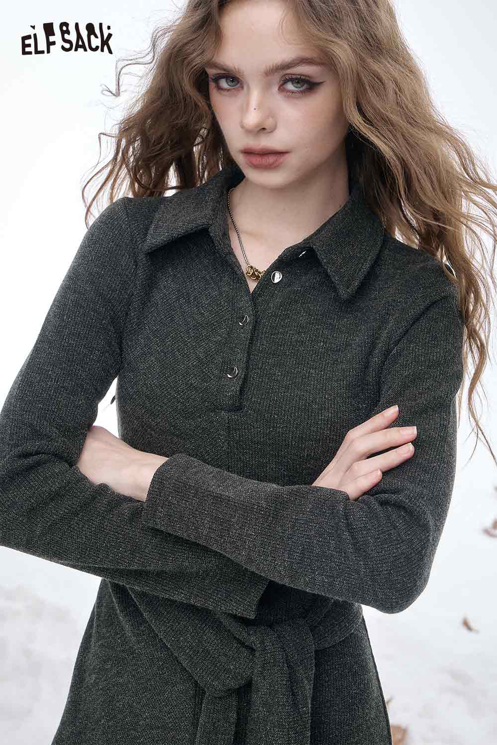 ELFSACK slim fit long lapel dress for women in dark gray with stylish button details