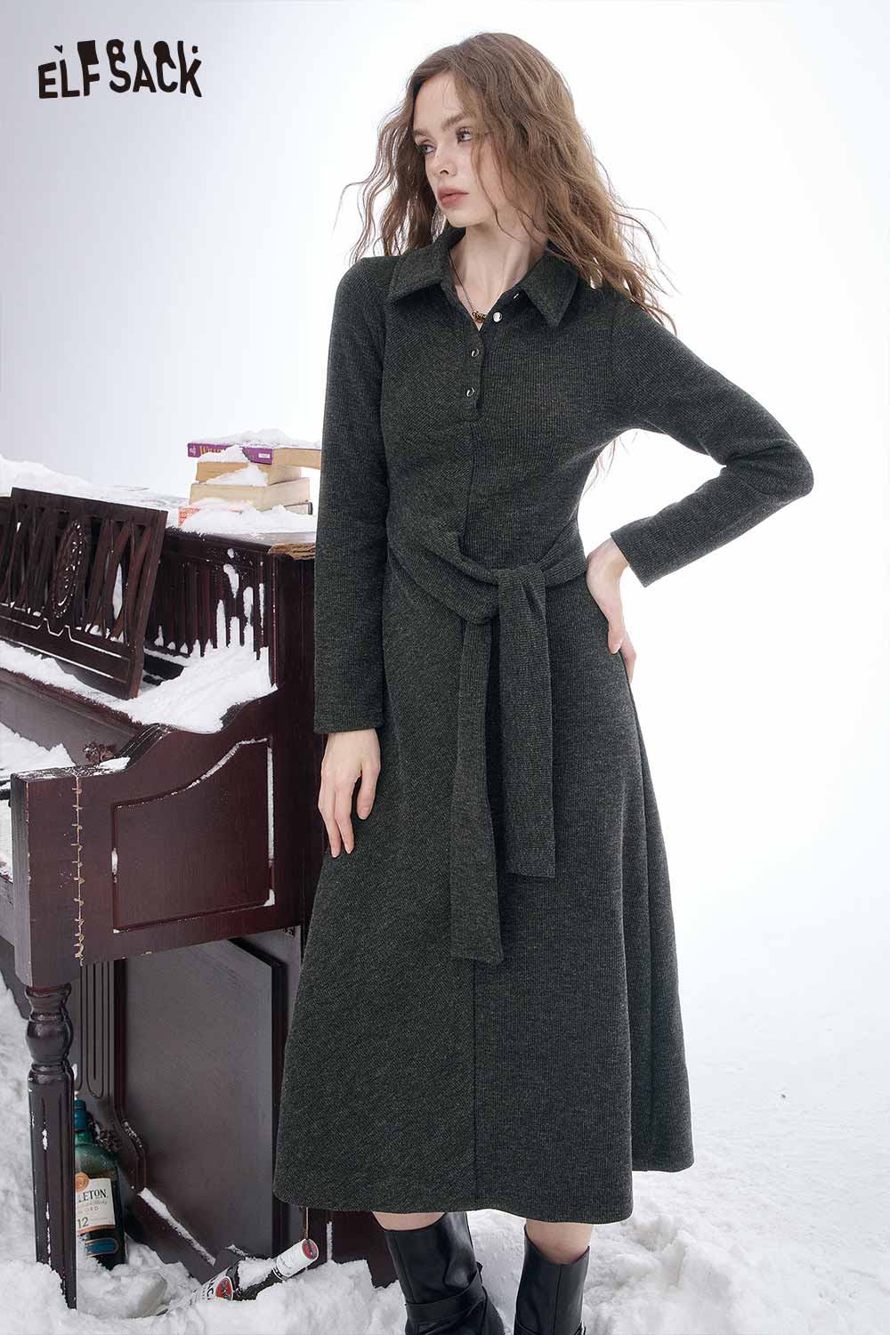 ELFSACK slim fit long lapel dress for women in dark gray with a belted waist and button-up design