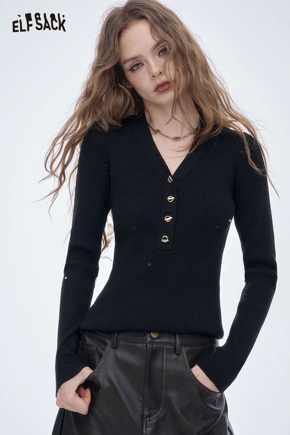 ELFSACK slim fit V neck knit sweater in black featuring button details and a stylish fit
