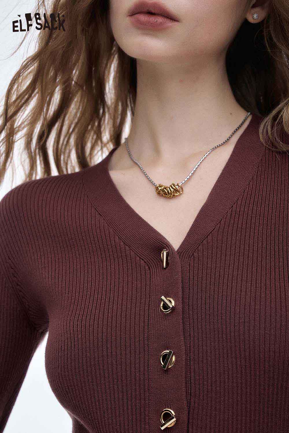 ELFSACK slim fit V neck knit sweater in a rich brown color with decorative buttons