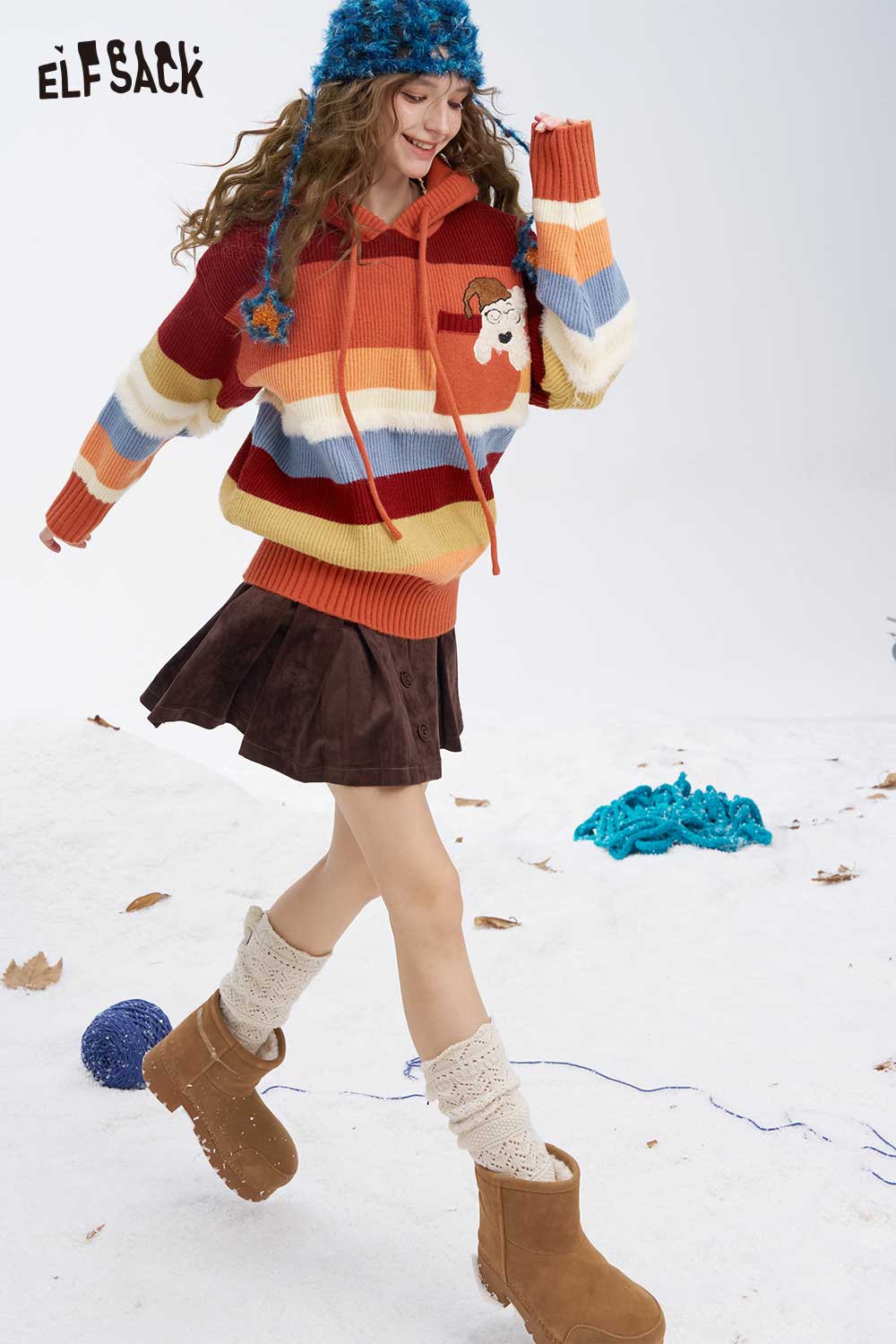 ELFSACK soft animal graphic hooded sweater in multicolor stripes, perfect for a cozy winter style