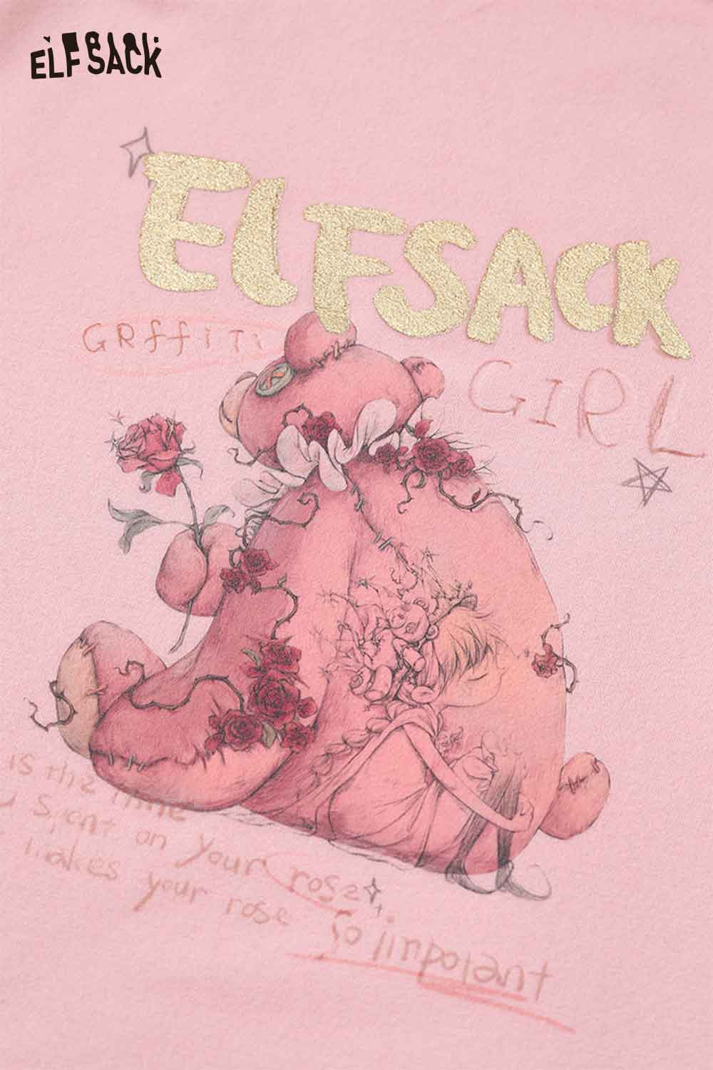 ELFSACK cartoon graphic long sleeve top featuring a cute bear and artistic designs in soft pink