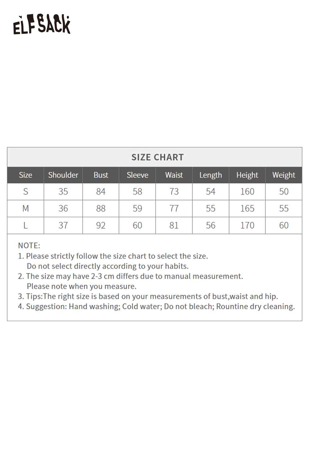 ELFSACK cartoon graphic long sleeve top showcasing stylish design and size chart for perfect fit