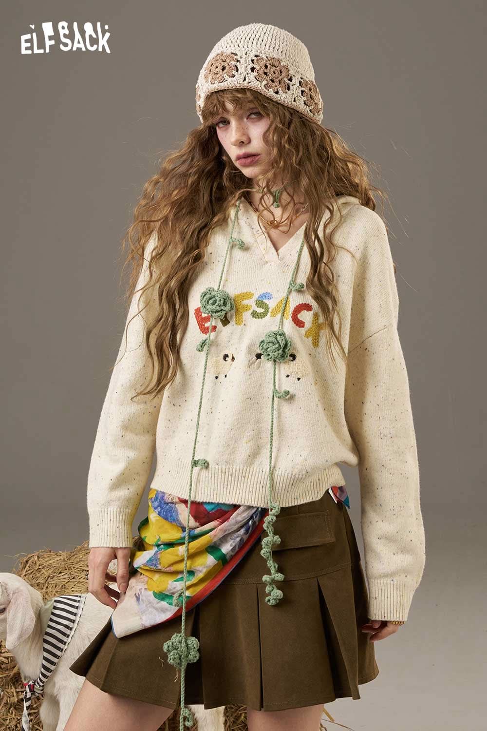 ELFSACK cute cartoon sheep sweater for women with colorful accents and stylish hooded design
