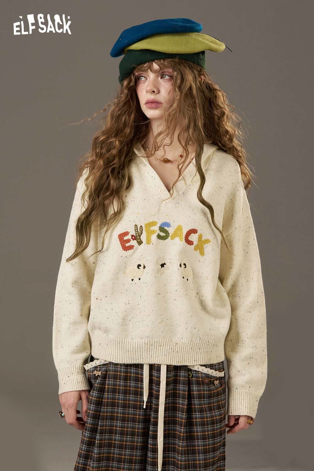 Cute cartoon sheep sweater for women by ELFSACK with colorful lettering and a relaxed fit