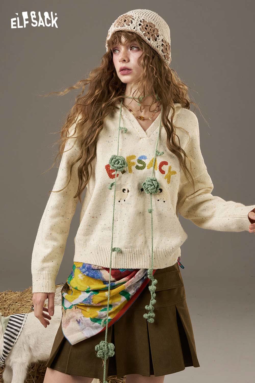 ELFSACK cute cartoon sheep sweater for women, featuring playful designs and a cozy fit