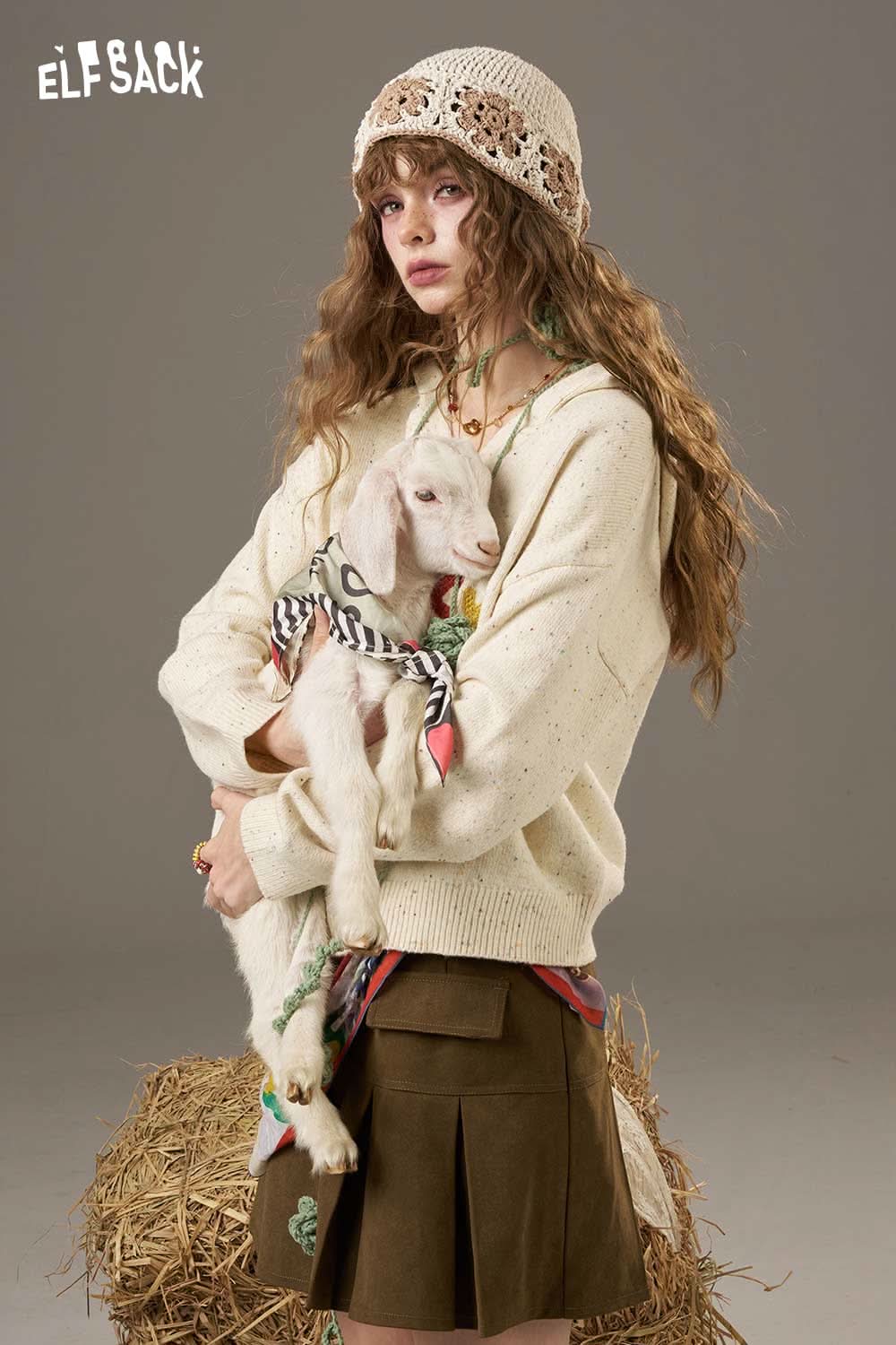 ELFSACK cute cartoon sheep sweater for women, paired with a skirt and a cute goat