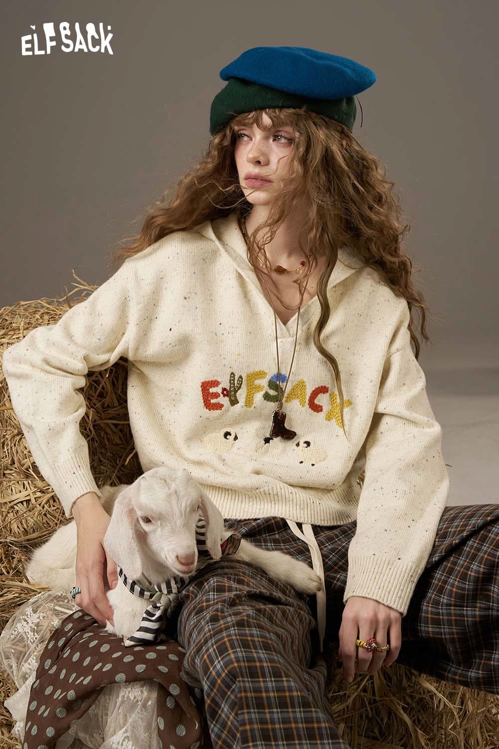 Cozy ELFSACK cute cartoon sheep sweater for women in cream with playful design and relaxed fit