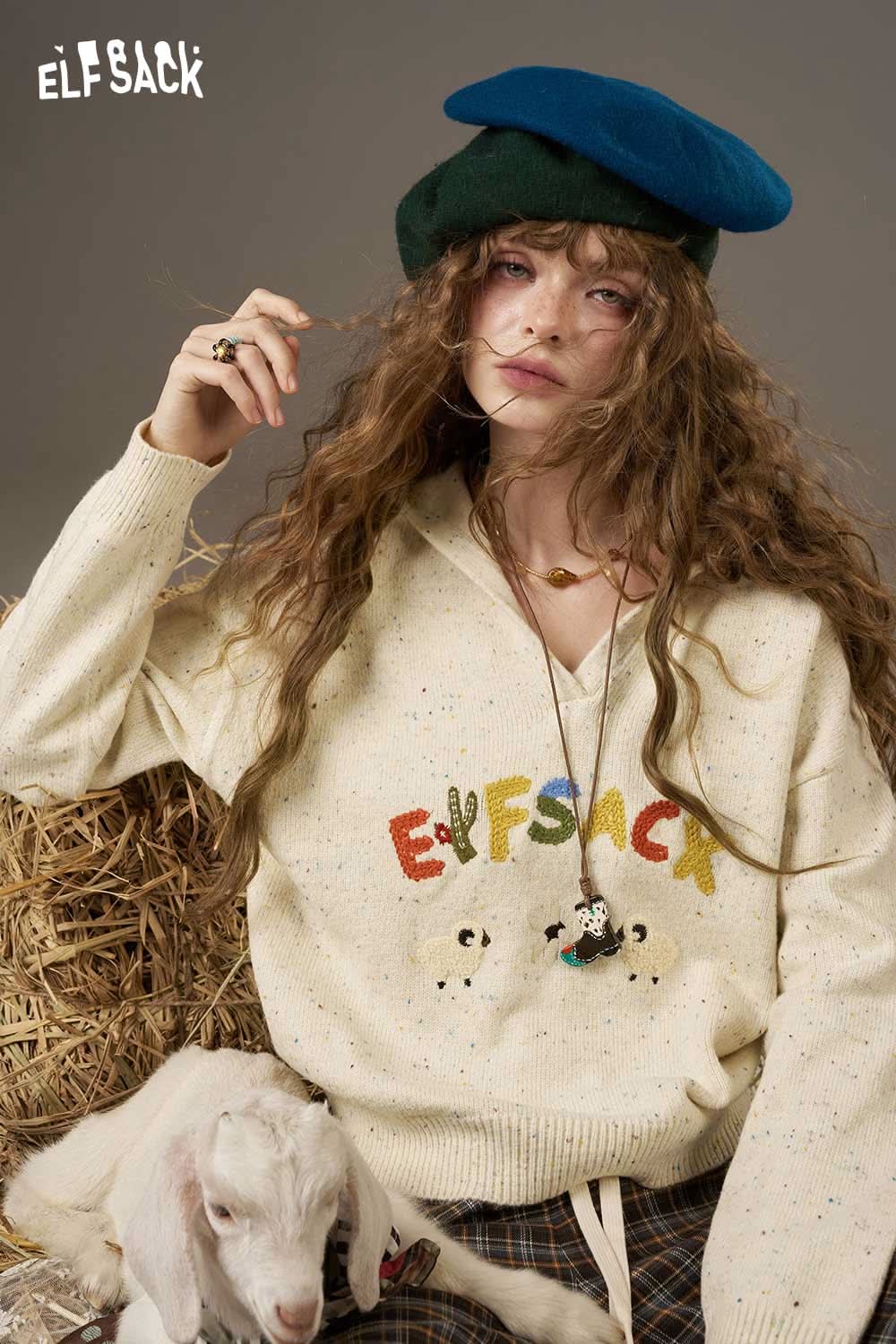 ELFSACK cute cartoon sheep sweater for women with colorful lettering and cozy design