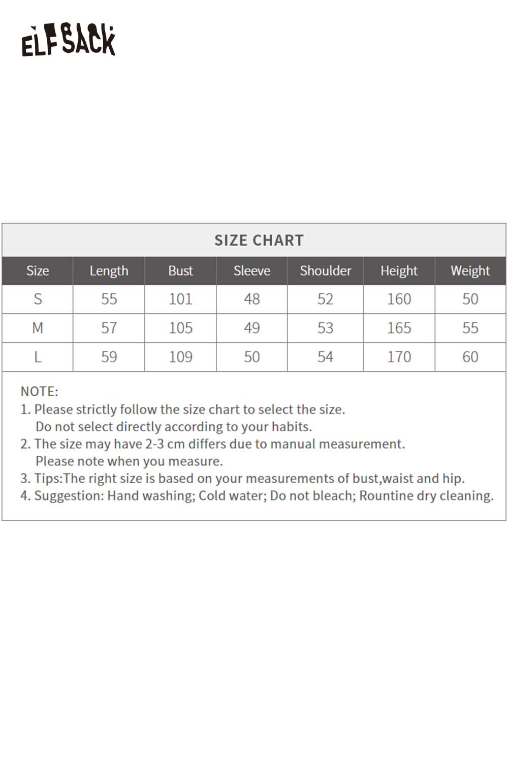 Size chart for ELFSACK cute cartoon sheep sweater for women with measurements for length, bust, and sleeve